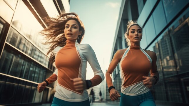 Two Women In Sports Clothes Running In A Modern Urban Environment. The Concept