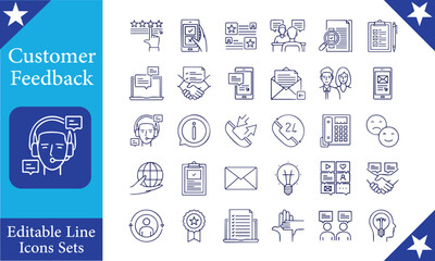 Customer Feedback Outline Icon Collection. Thin Line Set contains such Icons as Rating, Testimonials, Quick Response, Satisfaction and more. Simple web icons set.