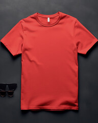 Red t-shirt mockup on table. Ready for your mockup design template. Blank t-shirt mockup