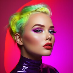 This vibrant portrait of a beautiful woman with a bold makeover featuring a neon hairstyle, striking red lipstick, and smokey eyelashes showcases a fearless fashion sense and emphasizes the power of 
