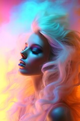 A stunning portrait of a beautiful girl with long blonde hair, adorned with neon colors and bold makeup, captivates the viewer as smoke trails from her doll-like eyelashes and toy in her hands