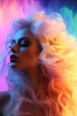Obraz na płótnie Canvas A bold and beautiful portrait of a woman with long blonde hair, vibrant neon colors, and stylish smokey clothing accented with a glittering hairpiece and ringlets, captivates the intense emotion