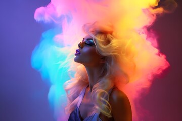 A bold and beautiful portrait of a woman surrounded by a vibrant array of neon colors emanating from the smoke of a concert captures a mesmerizing and captivating moment - obrazy, fototapety, plakaty