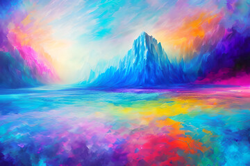 Bright and abstract illustration of mountains and trees in pink and blue colors, generative ai
