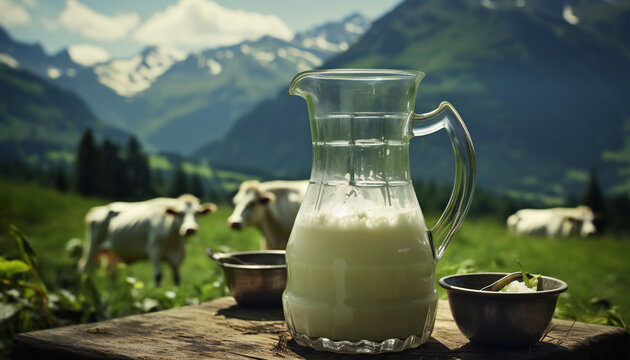 Recreation a crystal jug with fresh milk in the mountains with cows at background