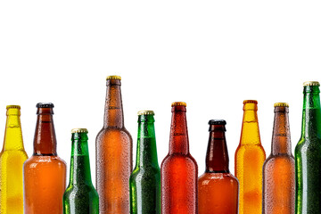 Oktoberfest. Beer bottles stand in a row on a white background.