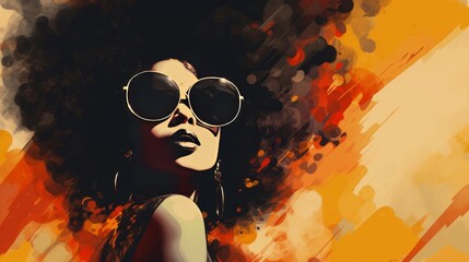 Illustration of a woman with large afro hair and wearing sunglasses in a modern art painting style - obrazy, fototapety, plakaty