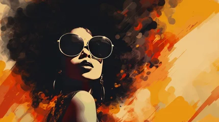 Fotobehang Illustration of a woman with large afro hair and wearing sunglasses in a modern art painting style © NK
