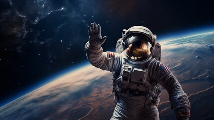 Illustration of a astronaut standing in front of the majestic Earth - obrazy, fototapety, plakaty