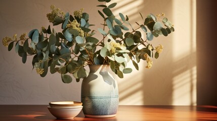 Illustration of a vase filled with green leaves eucalyptus on top of a wooden table
