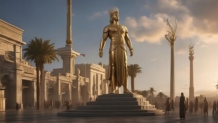 Ancient roman style statue in the city center at sunset - obrazy, fototapety, plakaty