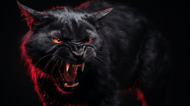 Illustration of a mysterious black cat with piercing red eyes against a dark backdrop