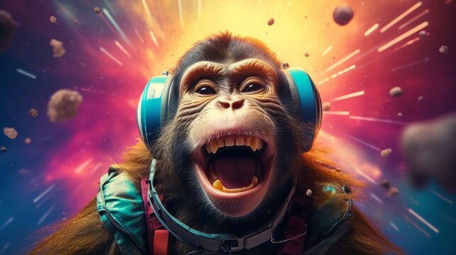 Illustration of a monkey wearing headphones with its mouth open