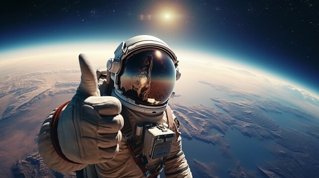 Illustration of an astronaut giving a thumbs up in the vastness of outer space