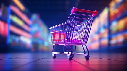 Illustration of a purple shopping cart on abstract blurred background