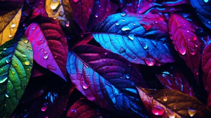 Illustration of colorful leaves with water droplets glistening in the sunlight