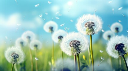 Obraz premium Dandelion flowers with fluffy seeds