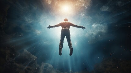 Human soul levitating in astral space - obrazy, fototapety, plakaty