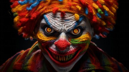 Illustration of a close-up of a knitted clown's face, capturing the vibrant colors and intricate details