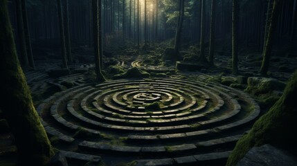 Illustration of a captivating circular maze nestled in the heart of a lush forest