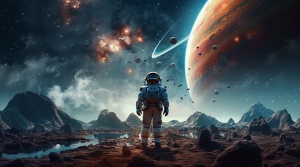 Illustration of an astronaut in a space standing on a rocky surface - obrazy, fototapety, plakaty