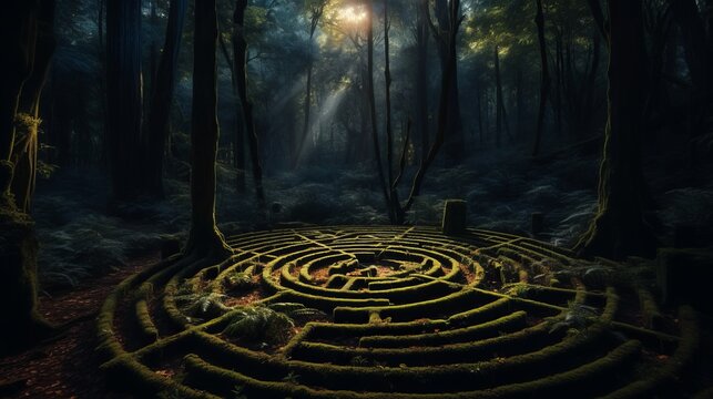 Illustration of a captivating circular maze nestled in the heart of a lush forest