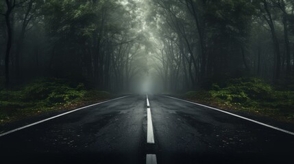 Illustration of a serene forest road surrounded by lush green trees