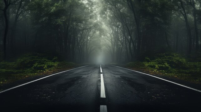 Illustration of a serene forest road surrounded by lush green trees