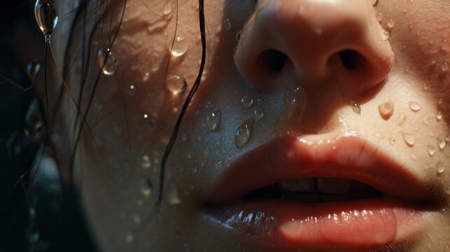 Illustration of a woman's face with dewdrops glistening on her skin