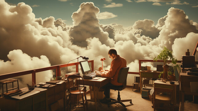 man sitting on laptop and smoking electronic cigarette. mixed media