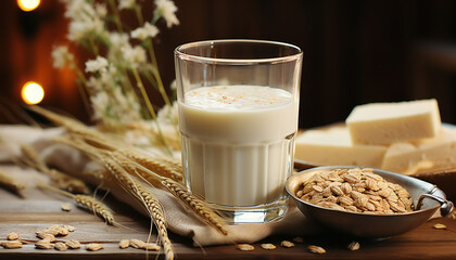 Artistic recreation of crystal glass with milk and wheat spikes and grains wheat. Illustration AI