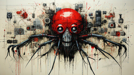 a red skull with black eyes and a spider in the dark