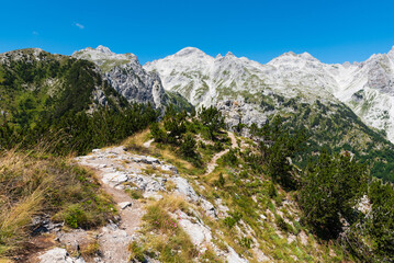 Panoramic views of raw mountain landscapes from the Albanian Alps between Theth and Valbona, Albania
