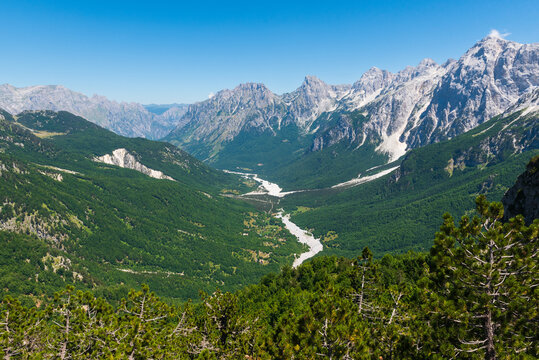 Panoramic views of raw mountain landscapes from the Albanian Alps between Theth and Valbona, Albania