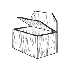 Wooden box. Hand drawn ink illustration. Black and white vector drawing.