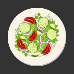 Vegan salad with cucumber, tomato, onion and dill. Top view on a plate. Vector illustration.