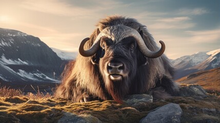 A breathtaking shot of a Musk Ox his natural habitat, showcasing his majestic beauty and strength. - obrazy, fototapety, plakaty