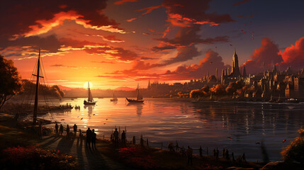 lake with sunset on background of the forest,