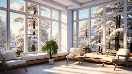 High-gloss white window frames highlighting wooden exterior views