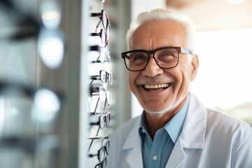 An ophthalmologist selects glasses for an old grandfather. AI generated
