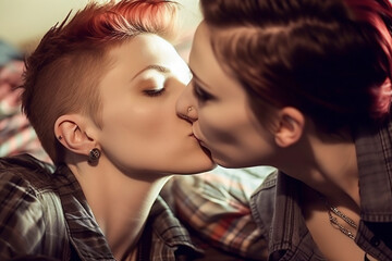 Passionate Connection: Intimate Moment Captures Joyful Romance of Lesbian Partners Embracing in Love, ai generative