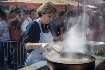 Flavors of the Fair: A Culinary Journey as Woman Cooks Amidst County Fair Excitement, ai generative