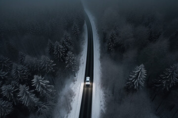 Top down view of a car driving into the night winter forest. mystical picture of lost travellers. Generative AI