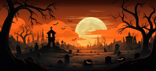 Halloween background with scary pumpkins candles in the graveyard at night with a castle background