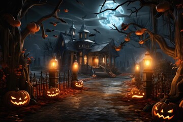 Fototapeta na wymiar Halloween decorated house with pumpkins, 3d rendering.