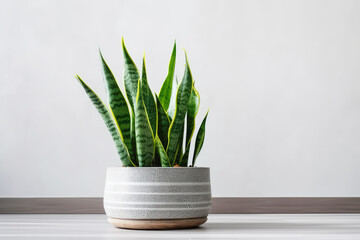 Sansevieria or snake plant in a pot on a gray background with copy space.