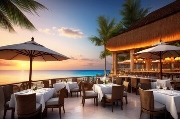 Outdoor restaurant at the beach. Table setting at tropical beach restaurant. beautiful sunset sky, sea view. Luxury hotel or resort restaurant