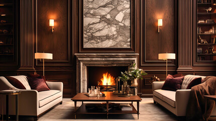 Wooden wall panels complemented by shiny marble fireplace surrounds