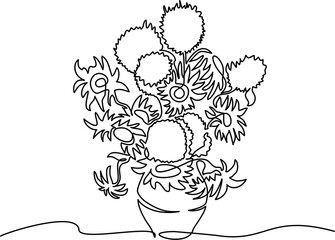 Sunflowers by Vincent van Gogh. Continuous one line art © Valenty
