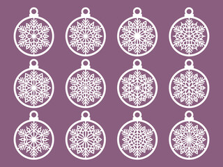 Set of laser cut Christmas balls with snowflake cutout of paper Sample Template for Christmas card, invitation for Christmas party For laser or plotter cutting printing serigraphy